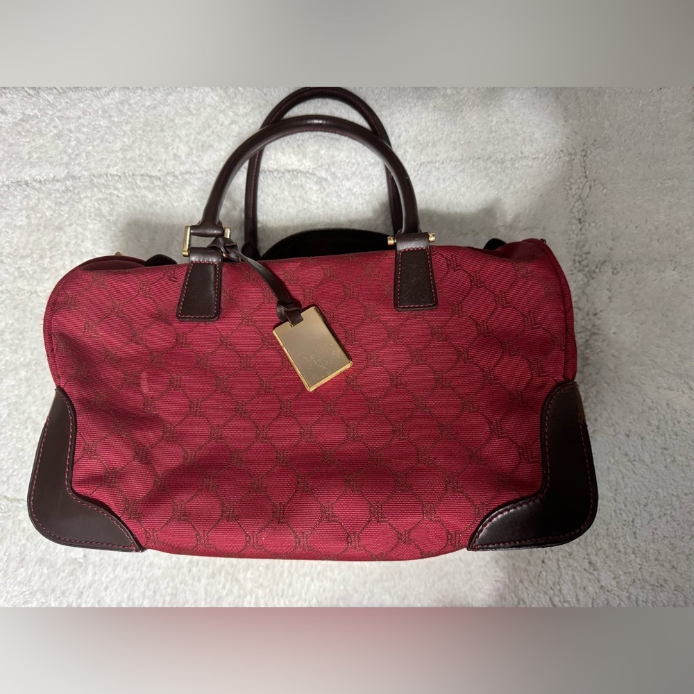 Vintage LaurenRalph Lauren Signature Red Brown Leather Trim Duffle Carry On Bag